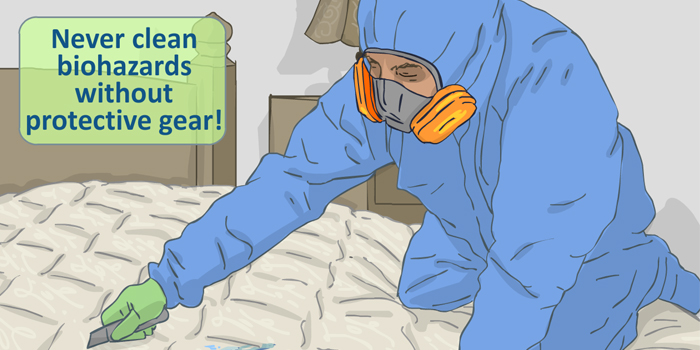 Bloody mattress illustration: never clean biohazards without protective gear.