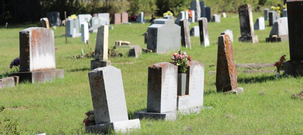 wide shot of old gravestones in a graveyard